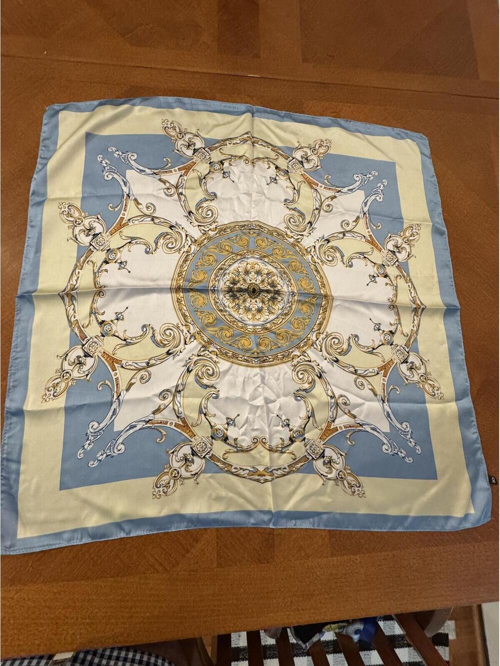 Elegant Blue and Beige Decorative Scarf with Ornate Pattern 185